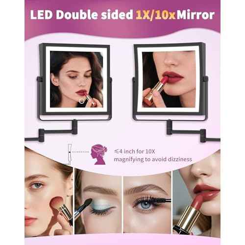 Rechargeable Wall Mounted Makeup Mirror with Lights, 4000mAh Double Sided 1X/10X Magnifying Vanity Mirror with 3 Color Lights, Touch Dimmable, 360¡Æ Extension Foldable Arm (Matte Black)