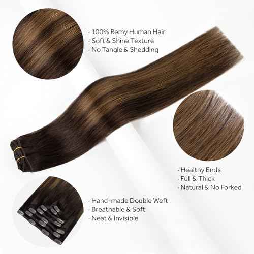 Clip in Hair Extensions Real Human Hair, Silky Remy Hair Extensions Clip Ins, Salon Quality Straight Human Hair for Women, Dark Brown to Chestnut Brown #2TP6/2 16Inch 120G 7PCS