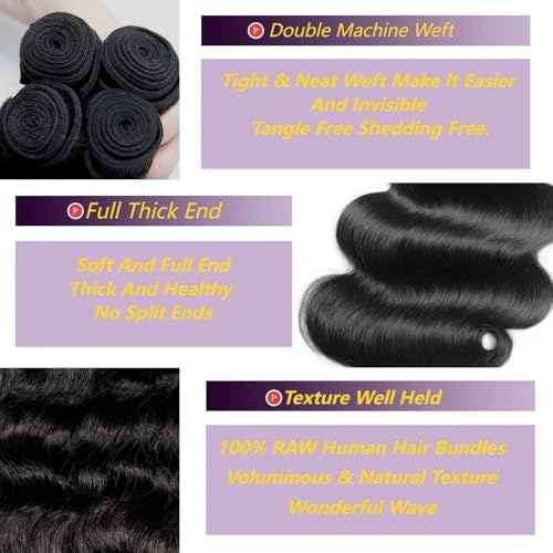 12A Human Hair Bundles 16 18 20 22 Inch Body Wave Bundles Human Hair 100% Unprocessed Virgin Hair Extensions Raw Quick Weave Extensions Natural Black