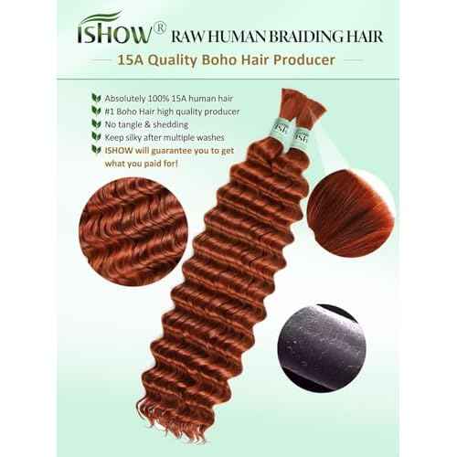 ISHOW Raw Human Braiding Hair, 100% Unprocessed Virgin Human Hair, 15A Deep Wave Boho Hair, 100g 20 Inch (2 Packs), NO.1 Premium Quality Boho Hair Producer, Long Lasting, Dark Ginger Color 350