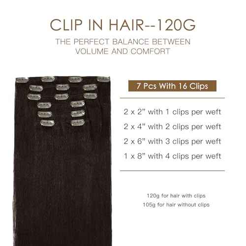 Sunfly Human Hair Clip in Extensions 120g 16 inch Dark Brown Silk Straight Real Hair Clip in Human Hair Extensions 7 Pcs Full Head