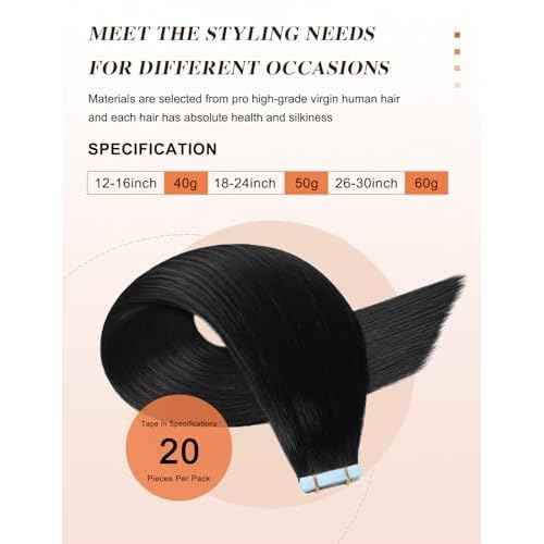 Sunya Tape in Hair Extensions Human Hair Jet Black 22 inch Straight Seamless Skin Weft Tape in Hair Extensions #1 Color 50g/20Pcs