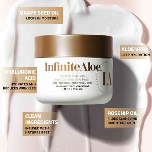 InfiniteAloe Complete Skin Care, Aloe Vera Powered Face and Body Cream for Dry Skin Relief, Fragrance Free - 2 Large Jar 8 oz & 2 Travel Jar 0.5 oz