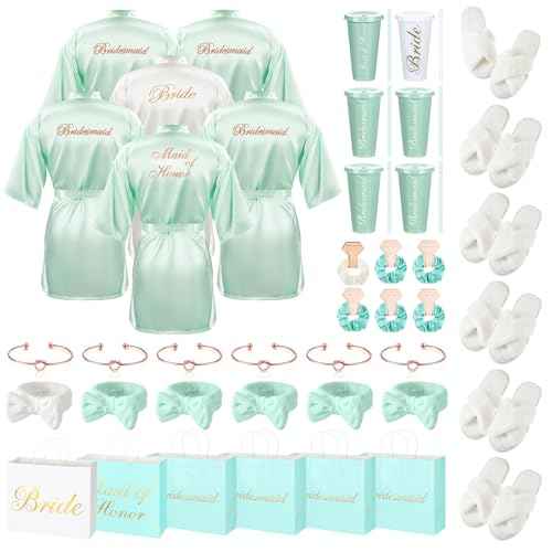 42 Pcs Bridesmaid Bride Robes Set of 6 Bridal Party Silk Satin Robes for Wedding Bachelorette Party Gifts (White,Sage Green)