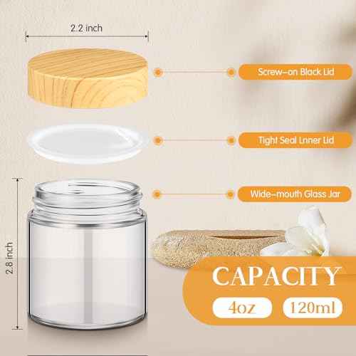 Norme 12 Pcs 4 oz Glass Jars with Lids Empty Small Glass Containers and Inner Liners Reusable Cosmetic Jars Round Airtight Bottles with Plastic Woodgrain Lids for Travel