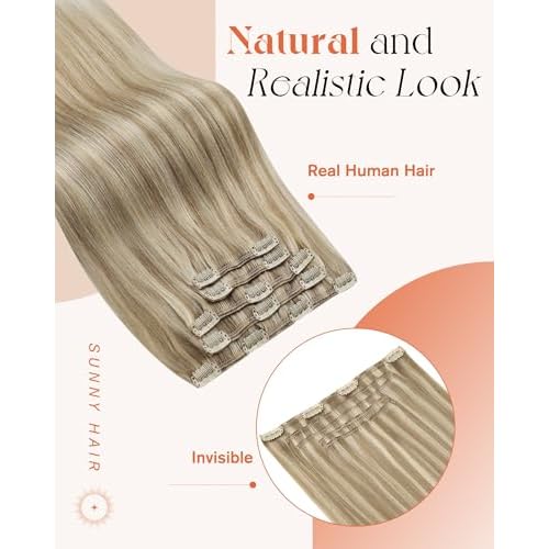 Sunny Hair Clip in Hair Extensions Straight Human Hair Clip in Extensions Remy Clip in Hair Extensions Real Human Hair Extensions Clip ins Golden Blonde Highlights Light Blonde 12inch