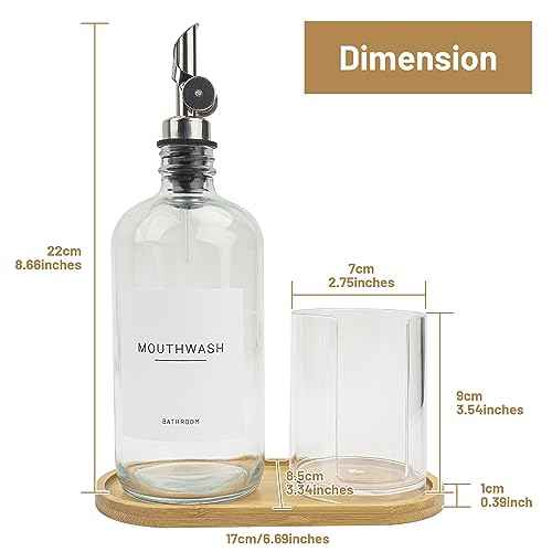 480ml/16.23 Oz Glass Pump Dispenser for Mouthwash With Disposable Cups Holder, Pour Spout Refillable Clear Container, Bamboo Tray, and Labels