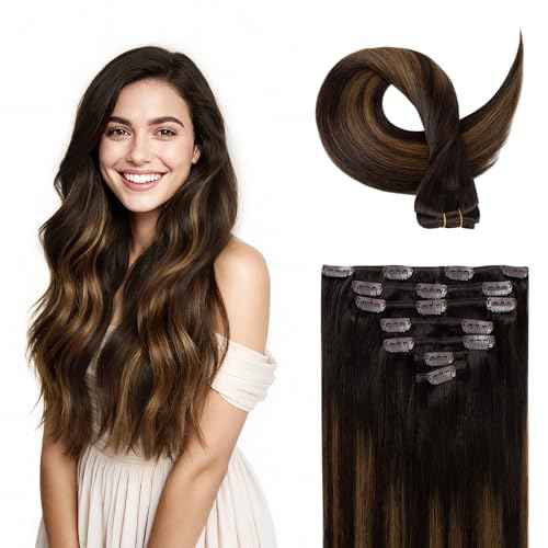 Clip in Hair Extensions Real Human Hair, Silky Remy Hair Extensions Clip Ins, Salon Quality Straight Human Hair for Women, Dark Brown to Chestnut Brown #2TP6/2 16Inch 120G 7PCS