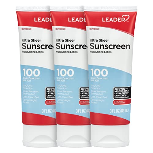 LEADER Travel Sunscreen SPF 100+, Ultra Sheer Dry-Touch Water Resistant and Non-Greasy Lotion with Broad Spectrum SPF 100+, 3 Fl Oz (3 Pack)