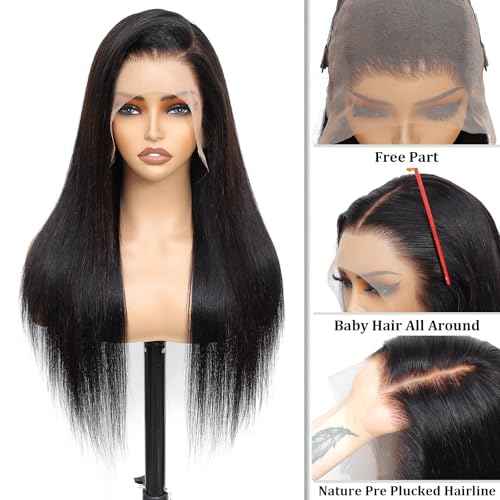 13x6 Lace Front Wigs Human Hair Pre Plucked 200 Density Straight Glueless Wigs with Baby Hair for Women Natural Black 20inch