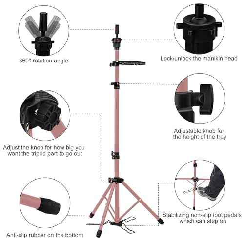 Klvied Metal Wig Stand Tripod with Foot Panel,Adjustable Mannequin Head Stand Tool Tray, Wig Head Stand for Styling,Tripod for Mannequin Head,Rose Golden
