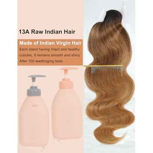 Ombre Bundles Human Hair, 13A Raw Indian Hair Bundles Body Wave, 16 Inch Colored Honey Blonde 1B27 Ombre Human Hair Bundles, 2 Years Service Life, Keep Texture Silky Soft Tangle-Free