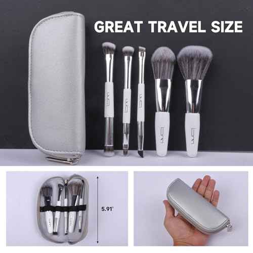 Travel Makeup Brushes Set w/Pouch, 5PCS Double Ended Portable Mini Cosmetic Brushes Kit for Foundation, Eyeshadow, Lip, Blush Make Up Brushes Professional(White)