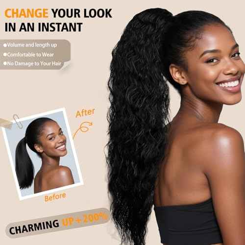 30 Inch Black Ponytail Extension, Layered Ponytail Extensions for Women, Soft Wavy Claw Clip in Ponytail Extension, Natural Synthetic Hair Pieces for Women (Color: Black)