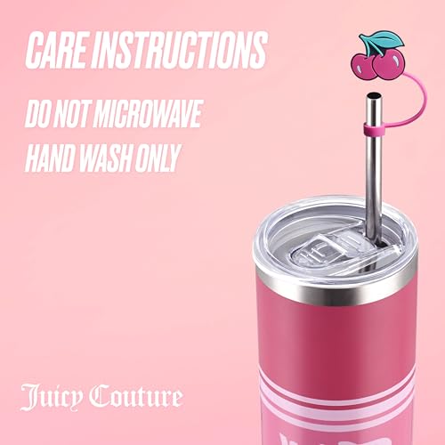 Juicy Couture Glam Slip 24oz Stainless Steel Hydration Tumbler with Straw Topper, Hot Pink Varsity
