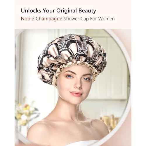 mikimini Champagne Large Shower Caps Pack of 2, Shower Cap for Women Long Hair with Black Lace, Reusable Waterproof Shower Hat for Girls