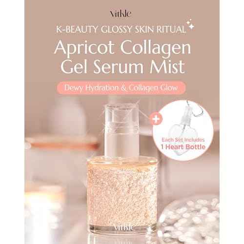 Apricot Collagen Gel Serum Mist Korean Face Moisturizer Spray - 8 Layer Hyaluronic Acid and Bakuchiol - Heart Shape Clear Keychain Refillable Travel Portable Bottle, 6.76 fl.oz
