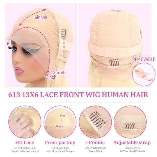 613 13x6 Lace Front Wig Human Hair 180 Density Blonde Wig Human Hair 613 13x6 Straight Lace Frontal Wig Human Hair Pre Plucked for Women 28 Inch