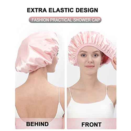 YIZIJIZI Terry Lined Shower Cap,Triple Layer Large Cap for Women,Shower Cap Reusable Waterproof,Long Thick Hair(Pink)
