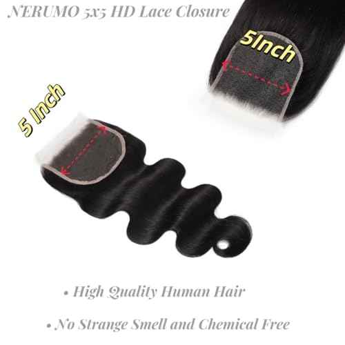 5x5 HD Lace Closure Body Wave Transparent HD Lace Closure Human Hair 12A Brazilian Virgin Human Hair Closure Free Part Pre Plucked with Baby Hair Natural Color 22 Inch