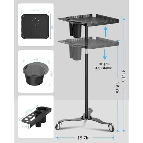 Salon Tray on Wheels,Metal Tray Rolling Cart with 2 Magnetic Bowls,Tattoo Tray, Salon Station with Hairstylist Holder and Hair Separator Stand,Multi-Function Adjustable with Wheels