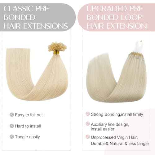 SEGO U Tip Hair Extensions Human Hair, Keratin Bonded & Loop Hair Extensions, K Tip Hot Fusion for Silky Straight Highlights, 1g per Strand, 50 Strands/50g, 22" Platinum blonde
