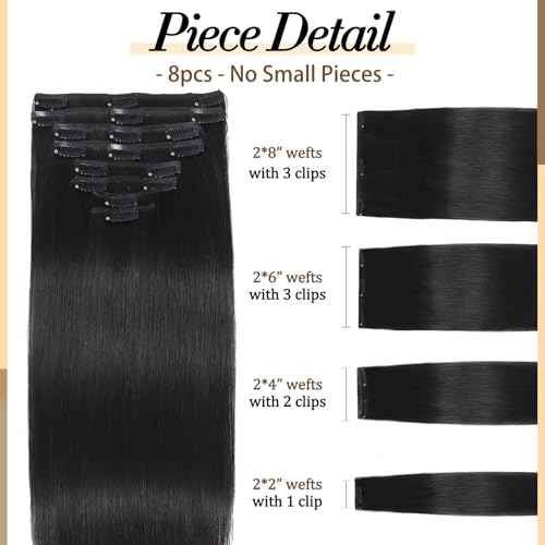 Clip in Hair Extensions Real Human Hair, 20 inch 105g, Balayage Invisible Remy Human hair Clip in Extensions for Women Seamless Straight 8Pcs Double Weft Natural Black