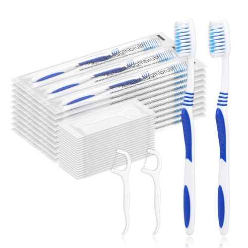100 Prepasted Disposable Toothbrushes with Dental Floss Individually Wrapped Pre Pasted Toothbrushes Soft Bristle Travel Tooth Brush Single Use Wrapped for Hotel, Camping, Travel, Homeless