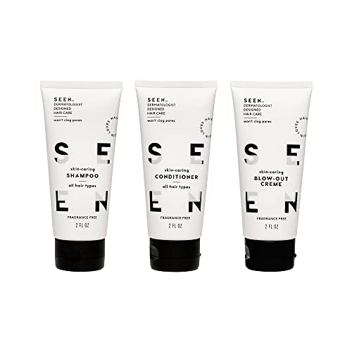 SEEN Travel Trio, Fragrance Free - Non-Comedogenic & Blow-Out Hair Cream, Shampoo & Conditioner Set- Reduces Frizz- Heat Protectant- Safe for Sensitive & Eczema Prone Skin