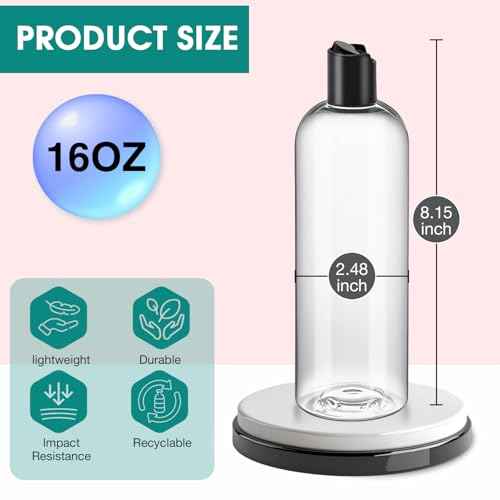 6 Pcs 16 oz Clear Plastic Empty Bottles with Black Disc Top Caps, Squeezable Refillable Shampoo Bottles Travel Cosmetic Containers for Lotions, Body Soap Cream