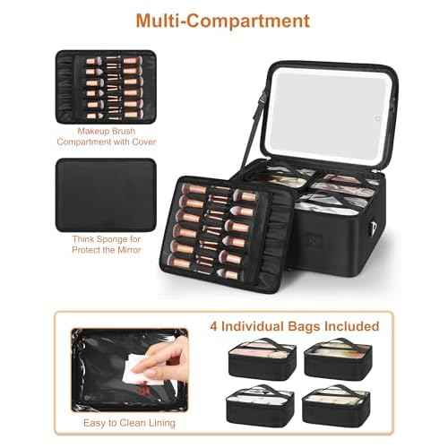 Relavel Extra Large Makeup Bag with LED Mirror, Cosmetic Train Case for Makeup Artists with 4 Removable Pouches and Adjustable Dividers, Hair Supplies Organizer, Travel Portable Mirror with Lights