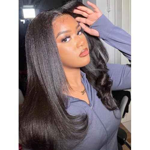 YIROO Hair V Part Wig Human Hair Kinky Straight Wig No Leave Out Upgraded U Part Wigs for Women 12A Yaki Straight Glueless Wear And Go V Shape Clip in Wigs Beginner Friendly 150% Density 16 Inch