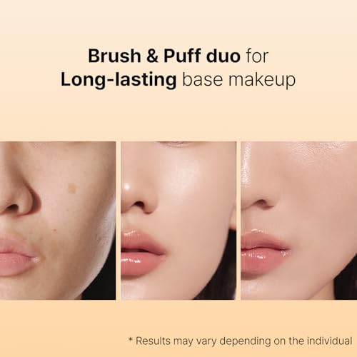 THE TOOL LAB All Day Fitting Duo (Glow type) - Premium Base Makeup Set for Liquid Cream Powder Foundation, Buffing Blending Face Brush, Sponge, Portable Case - 1.1" Flat Top Brush