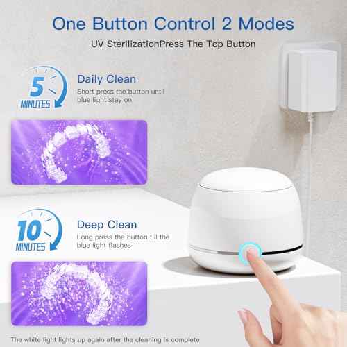 Ultrasonic Retainer Cleaner, 45kHz Denture Cleaner Machine, 5min and 10min Modes with Rechargable Top Cover, 200ml Dental Cleaning Pod, MouthGuard Cleaner for Aligner NightGuard Jewelry(White)