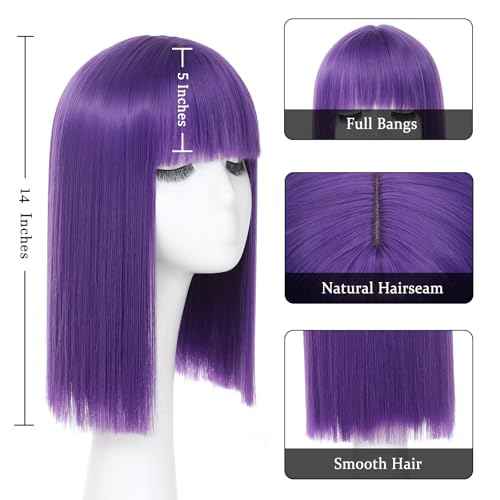Purple Bob Wig With Bangs - Heat Resistant 14Inch Synthetic Hair, Short Straight Shoulder Length Natural-Looking Cosplay Wig for Daily Use, Parties & Women Girls