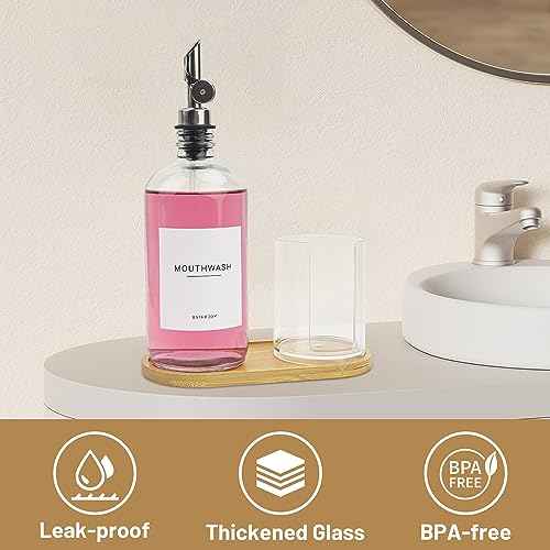 480ml/16.23 Oz Glass Pump Dispenser for Mouthwash With Disposable Cups Holder, Pour Spout Refillable Clear Container, Bamboo Tray, and Labels