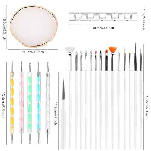 Nail Art Brush 22 Piece Set, 2 Way Acrylic Silicone Engraving Pen Dotting Pen Tools Nail Art Kit, Resin Nail Art Palette, For Nail Art DIY Home Salon Makeup Display Board (White)