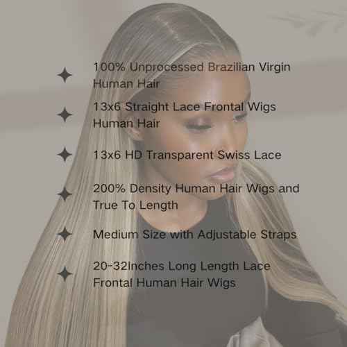 Ombre Ash Blonde Wigs Human Hair Natural Roots 200% Density 13x6 Straight HD Glueless Lace Frontal Wigs Human Hair for Women Pre Plucked Ombre Dirty Blonde Straight Lace Frontal Wigs 18 Inch