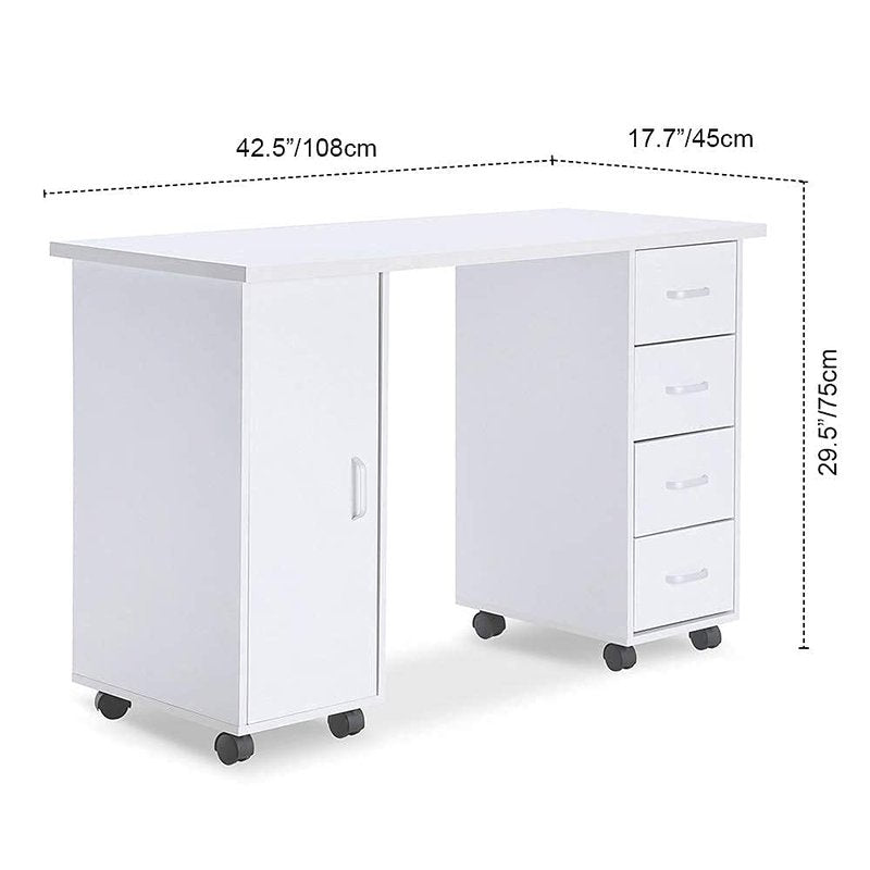 Paddie Manicure Nail Desk for Technician, Acetone Resistant Wooden Salon Spa Nail Table Station w/Cabinet, Drawers, Controllable Wheels & Client Wrist Pad