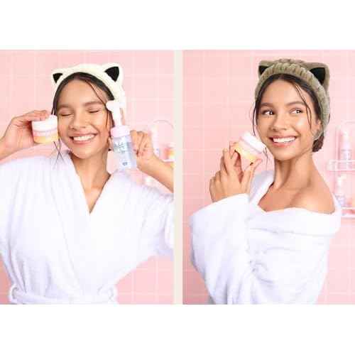 Huachi 2 Packs Cute Cat Spa Headband for Washing Face Makeup Skincare, Animal Headbands for Women Girls Trendy Stuff Gifts Soft Coral Fleece Facial Wash Hair Accessories (Beige+ Khaki)