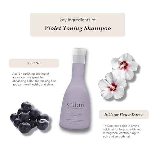 SHIBUI Violet Toning Shampoo, Neutralizes Brassiness with Acai Oil & Hibiscus, for Blonde, Highlighted, & Silver Hair,