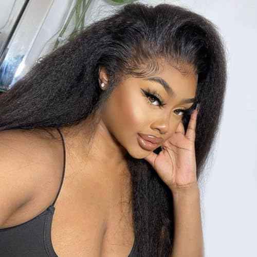 Nvnvdij Kinky Straight Half Wig Human Hair 200% Density Wear Go Glueless Wigs Human Hair 16 Inch Kinky Straight 3 In 1 Half Wigs for Women Drawstring Seamless Flip Headband Wig Beginner Friendly