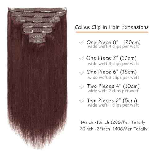 Caliee Hair Extenisons Clip in Human Hair Double Lace Weft Color Wine Red 7 Pcs 120 G Silky Straight Thick Remy Seamless Hair Extensions Clip in Human Hair 18 Inch