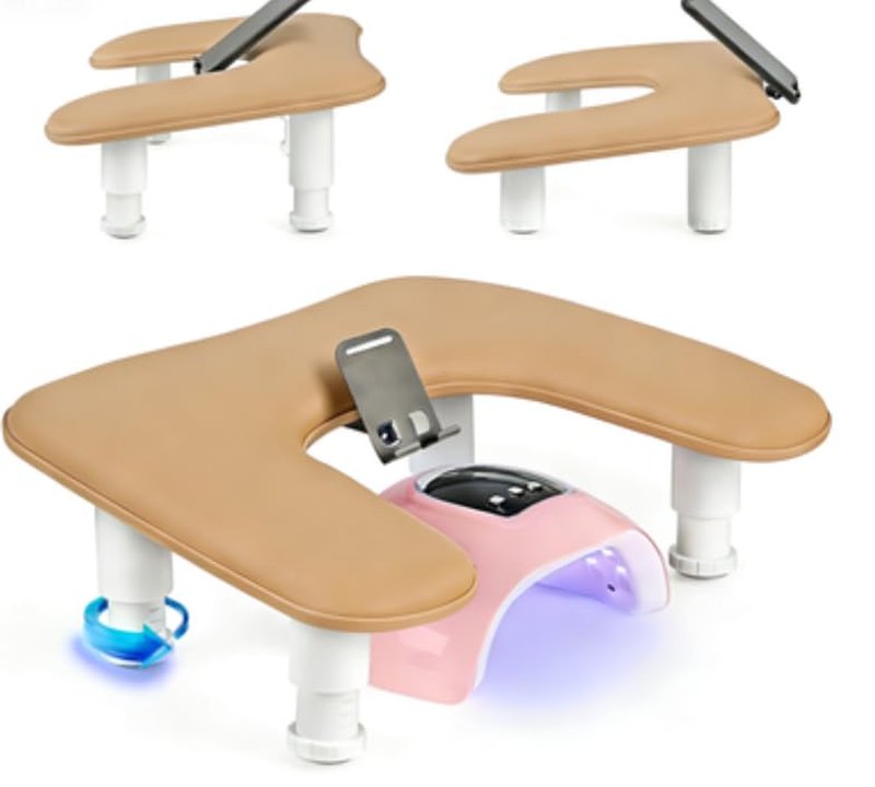 LIONVISON Ergonomic Nail Hand Rest - U-Shaped Adjustable PU Leather Stand with Phone Holder | Brown