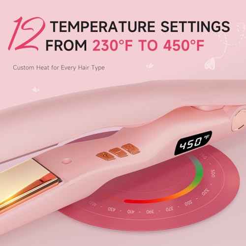 Flat Iron Hair Straightener 1 Inch Titanium - Fast Heating Pink Hair Straightener£¬ Negative Ions Flat Iron 12 Temp (230¡ÆF-450¡ÆF), Auto Shut Off, Temp Memory & Dual Voltage for Smooth Silky Hair