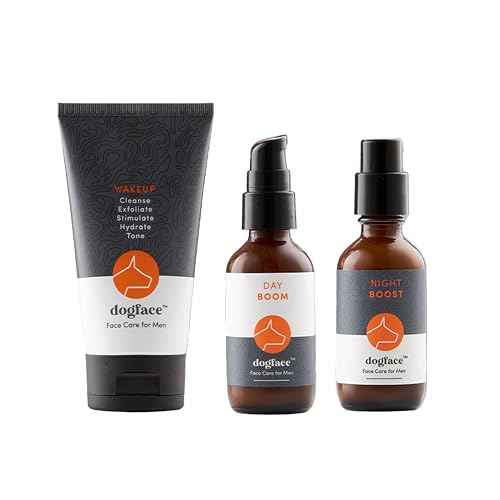 Dogface Men's - Wakeup Gel Daily Face Wash to Exfoliate, Hydrate & Tone Skin, Day Boom Moisturizer, Night Boost Night Cream Retinol Serum, Eye Cream (Deluxe Combo)