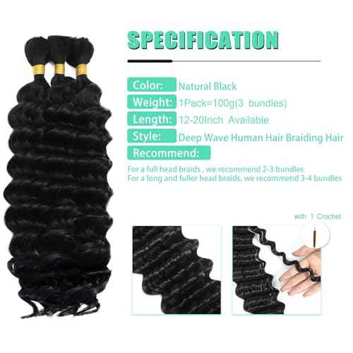12 Inch Human Braiding Hair for Boho Braids 100g Deep Wave Curly Boho Hair for Braiding Knotless 3 Bundles/Pack Natural Black