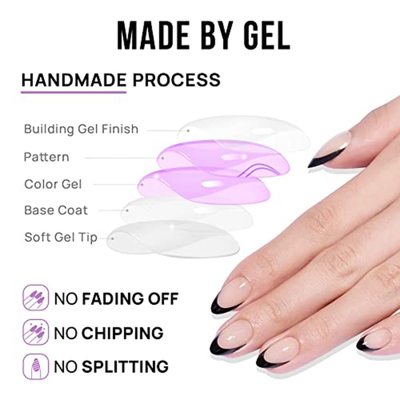 BTArtbox Press On Nails - Short Black French Almond Design | 32 Soft Gel Nails Kit with Glue & Adhesive Tabs