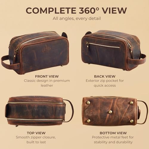 King Size Premium Leather Travel Toiletry Bag for Men and Women - Water-Resistant Dopp Kit - Mens Bathroom Bag, Shaving & Cosmetic Organizer - Toiletry Bag, Travel Bag Leather, Unisex Use