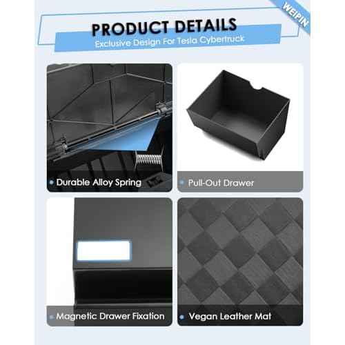For Tesla Cybertruck Floor Console Organizer - [Easy To Install] Push to Open 2-in-1 Cyber Style Car Trash Can& Console Storage Vegan Leather Mats for 2024 2025 Cybertruck-Waterproof Drawer Organizer